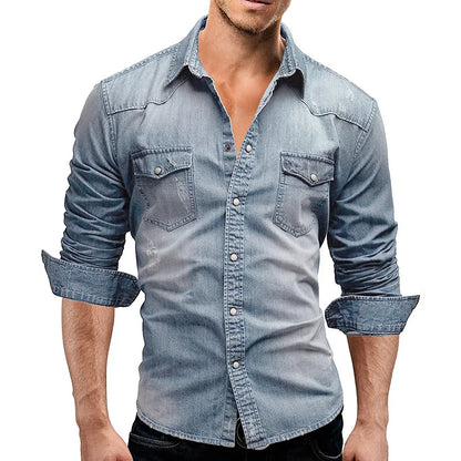 Men Autumn Denim Shirt Short Sleeve Soft Cotton Two Pockets Slim Slight Elastic Jeans Cowboy Shirt Men Shirts