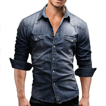 Men Autumn Denim Shirt Short Sleeve Soft Cotton Two Pockets Slim Slight Elastic Jeans Cowboy Shirt Men Shirts