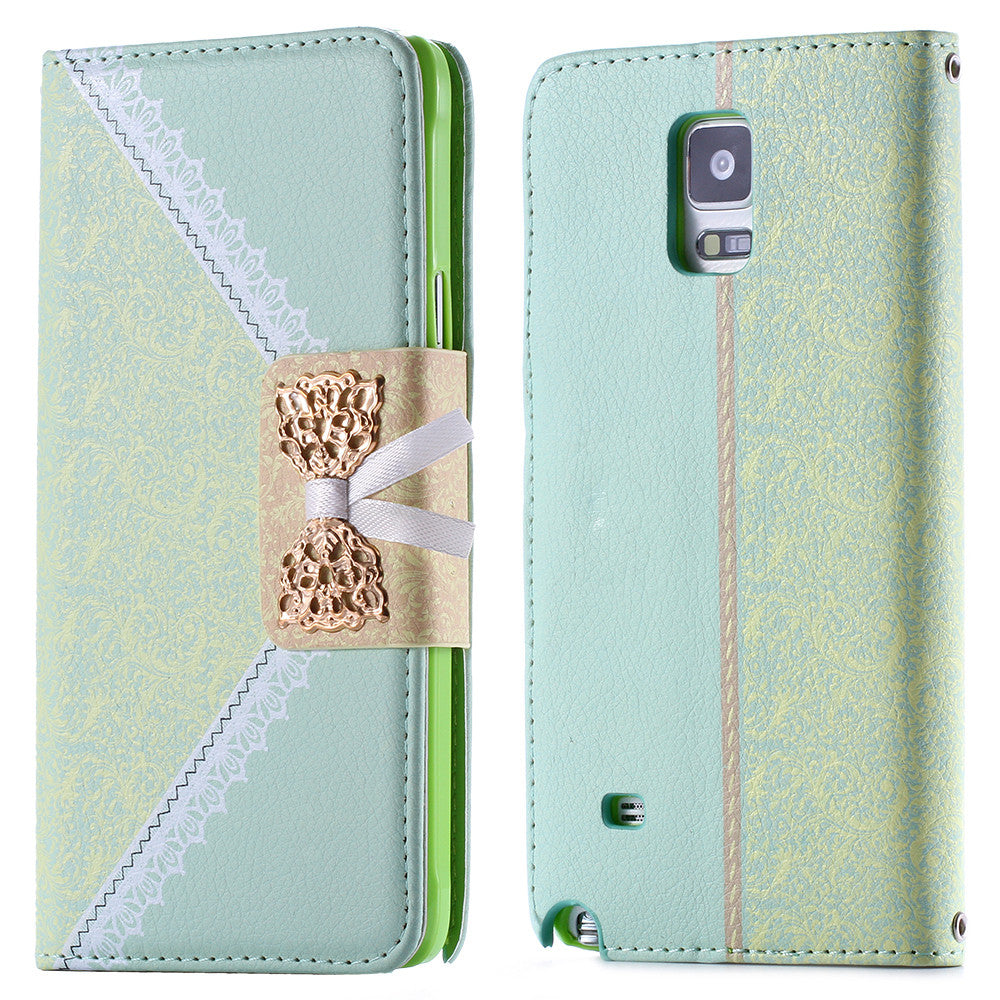 Elegant Girl Wallet Case for Samsung Galaxy Note 4 Leather Cover Flip Stand Lace Bow Butterfly Knot With Metal Chain Photo Frame