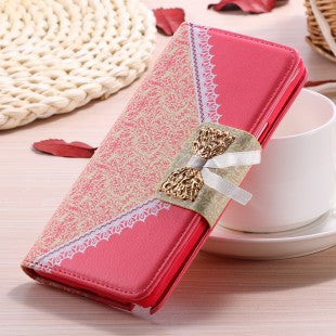 Elegant Girl Wallet Case for Samsung Galaxy Note 4 Leather Cover Flip Stand Lace Bow Butterfly Knot With Metal Chain Photo Frame