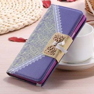 Elegant Girl Wallet Case for Samsung Galaxy Note 4 Leather Cover Flip Stand Lace Bow Butterfly Knot With Metal Chain Photo Frame