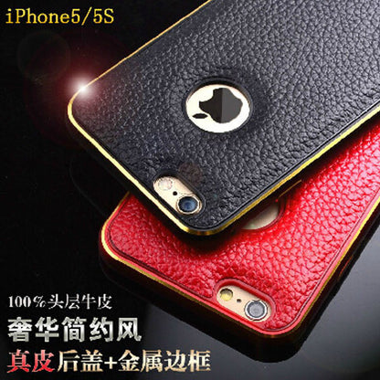 Fashional genuine Leather and metalic Cover Case For iPhone 5 5S Phone Bag Ultra thin close fitted Phone Cover case SJ004601