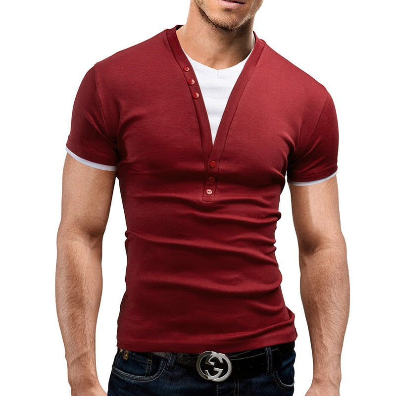 Tshirt homme Handsome Button Shirt Short Sleeve T-Shirt Men Slim Fit Brand Clothing