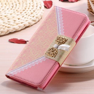 Note 4 Fashion Butterfly Knot Lace Bow Wallet Case for Samsung Galaxy Note4 Flip Stand Leather Cover With Metal Chain Phone Bags - Shopy Max