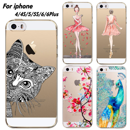 Phone Case Cover For iPhone 4 4S 5 5S 6 6plus Ultra Soft Silicon Transparent Lovely Cat Girl Flowers Animals Printed - Shopy Max