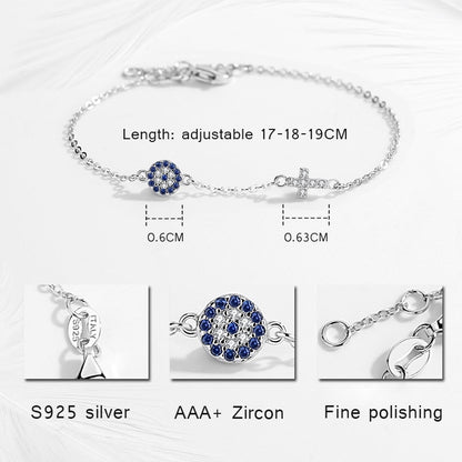 Kaletine Charm Blue Evil Eye Cross Bracelet 925 Sterling Silver Small Bracelets For Women Hamsa Good Luck CZ Jewelry KLTB056