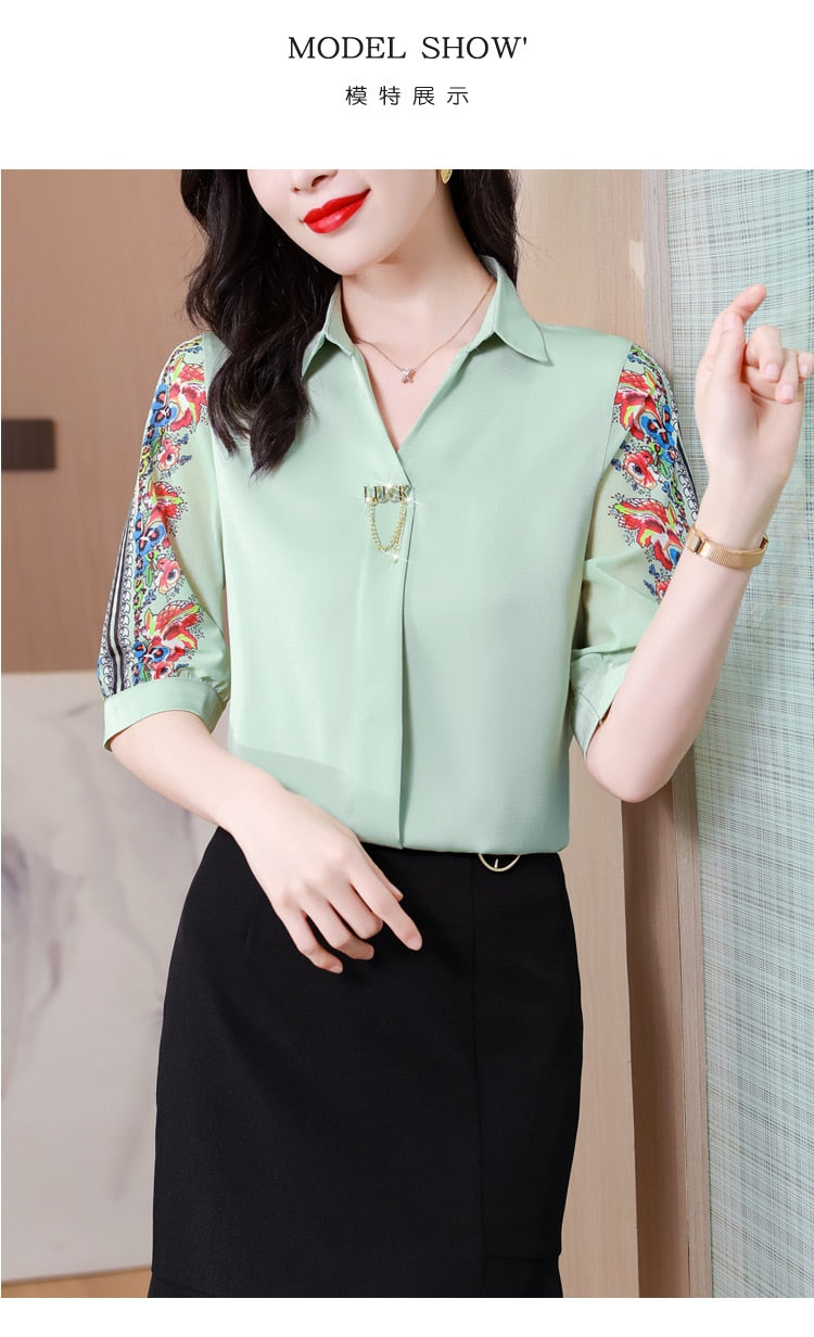 Fashion Print Chiffon Blouse Women Shirt Lotus Sleeve Summer Women