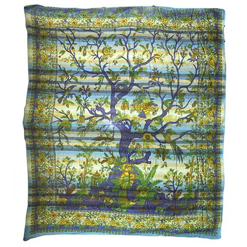 Cadi Cotton Bedspread / Wall Art - Tree of Life - Aqua - Shopy Max