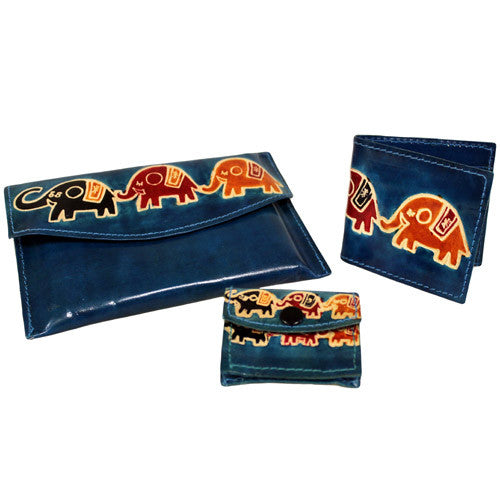 Leather Purse Set - Elephants - Teal