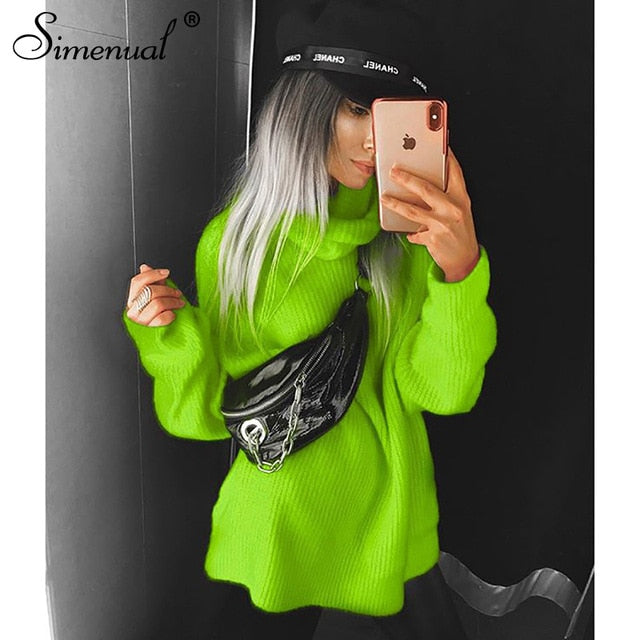 Simenual Knitwear Turtleneck Autumn Winter Sweaters Women Neon Color Long Sleeve Jumpers Fashion 2019