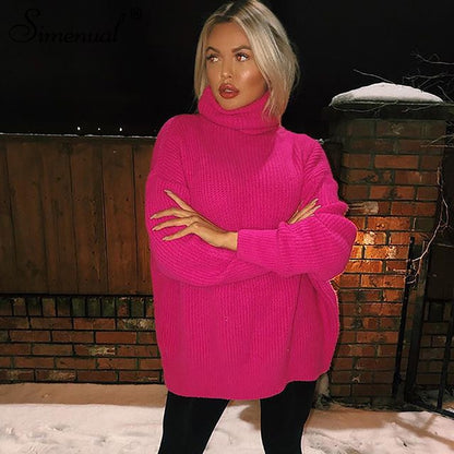 Simenual Knitwear Turtleneck Autumn Winter Sweaters Women Neon Color Long Sleeve Jumpers Fashion 2019