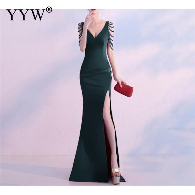 Crystal Beading V Neck Sleeveless Elegant Evening Dresses Women High Slit Formal