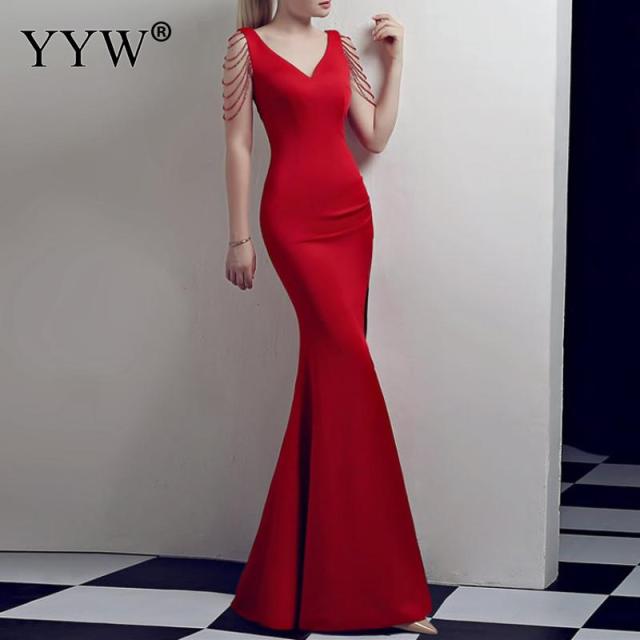 Crystal Beading V Neck Sleeveless Elegant Evening Dresses Women High Slit Formal