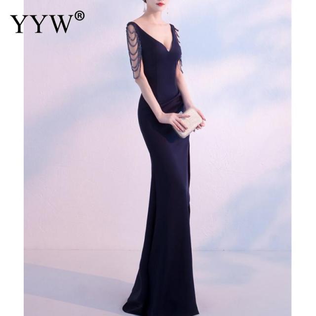 Crystal Beading V Neck Sleeveless Elegant Evening Dresses Women High Slit Formal