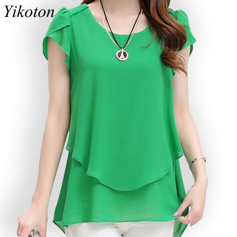 Yikoton 2021 New Summer Women Blouse Loose Shirt O-Neck Chiffon