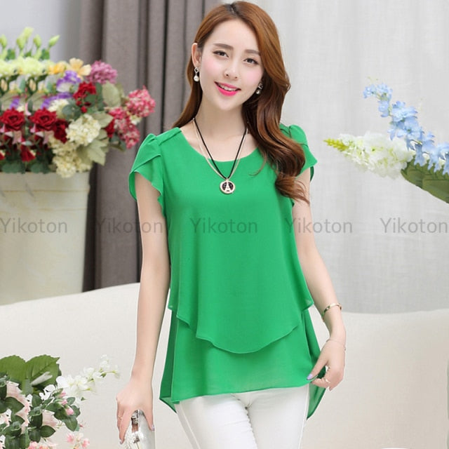 Yikoton 2021 New Summer Women Blouse Loose Shirt O-Neck Chiffon