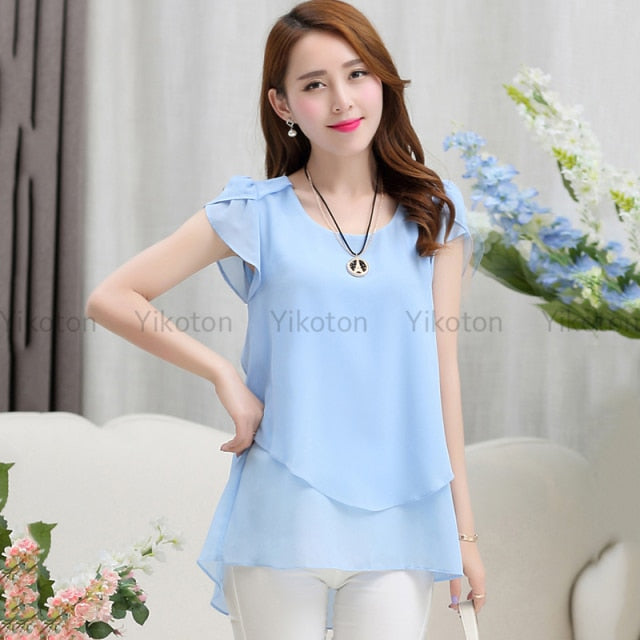 Yikoton 2021 New Summer Women Blouse Loose Shirt O-Neck Chiffon