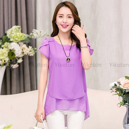 Yikoton 2021 New Summer Women Blouse Loose Shirt O-Neck Chiffon