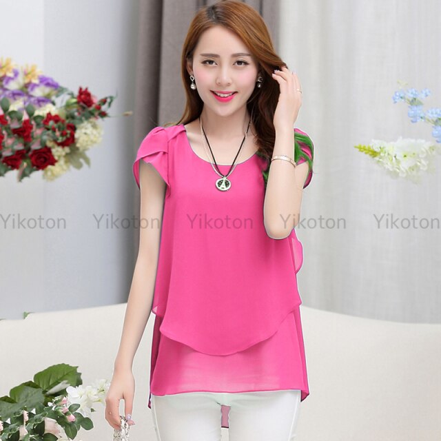 Yikoton 2021 New Summer Women Blouse Loose Shirt O-Neck Chiffon