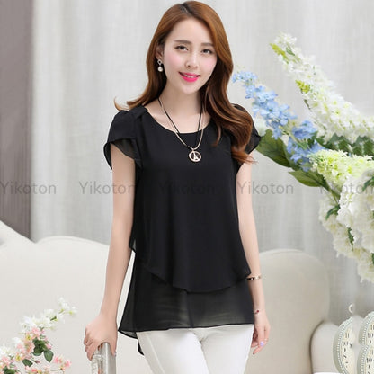 Yikoton 2021 New Summer Women Blouse Loose Shirt O-Neck Chiffon