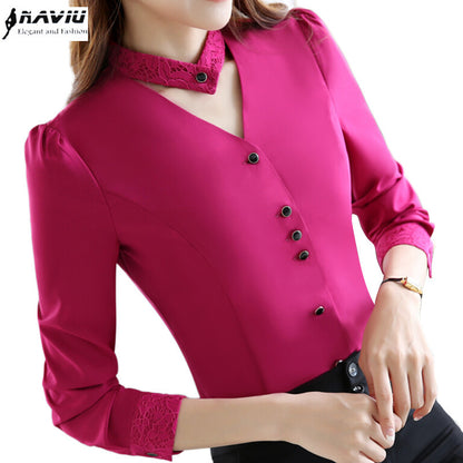 2017 New slim formal long sleeve women shirt OL autumn Elegant V-neck lace Patchwork