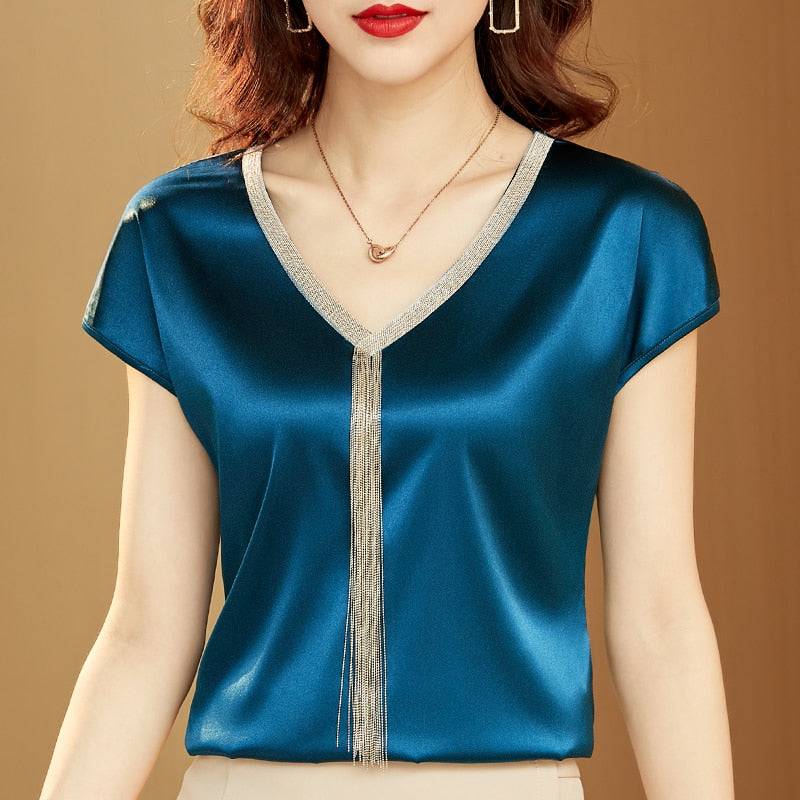 Summer Women&#39;s Shirt Satin Blue Blouse for Women Tassel Patchwork Shirt