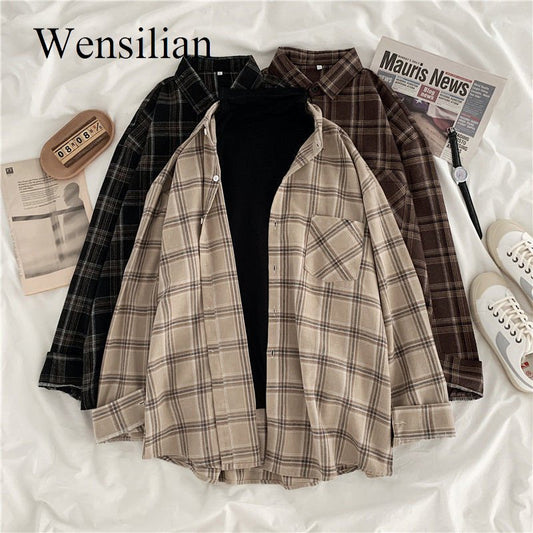 Women Shirt Plaid Female Oversize Blouse Korean Style Long Sleeves Collared Shirt T