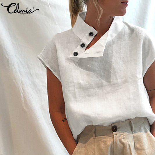 Celmia Women Short Sleeve Blusas 2022 Summer Cotton Linen Shirts