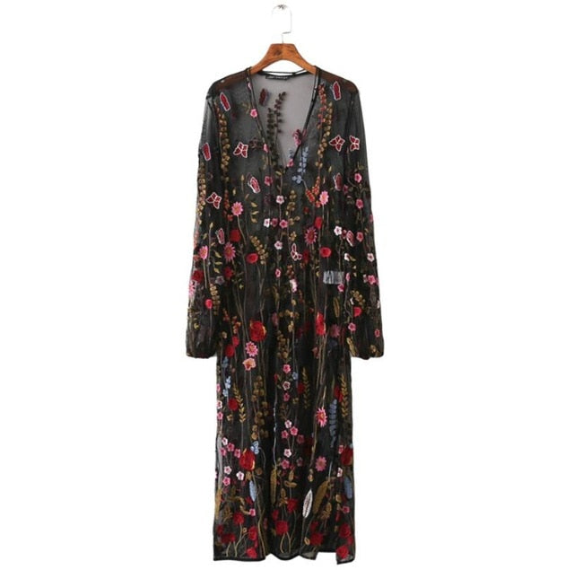 Women sexy floral embroidery mesh maxi dress transparent