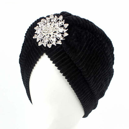 Women India Plush Cap Ladies Spring Warm Crystal Floral Brooch Muslim Turban Hat Beanies Solid Headwrap 2017 New Fashion FHJ610