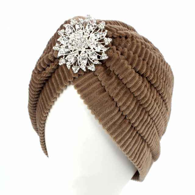 Women India Plush Cap Ladies Spring Warm Crystal Floral Brooch Muslim Turban Hat Beanies Solid Headwrap 2017 New Fashion FHJ610