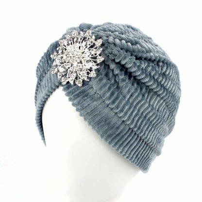 Women India Plush Cap Ladies Spring Warm Crystal Floral Brooch Muslim Turban Hat Beanies Solid Headwrap 2017 New Fashion FHJ610