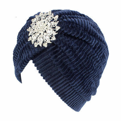 Women India Plush Cap Ladies Spring Warm Crystal Floral Brooch Muslim Turban Hat Beanies Solid Headwrap 2017 New Fashion FHJ610