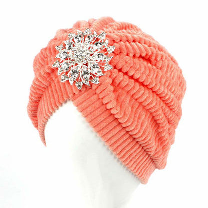 Women India Plush Cap Ladies Spring Warm Crystal Floral Brooch Muslim Turban Hat Beanies Solid Headwrap 2017 New Fashion FHJ610