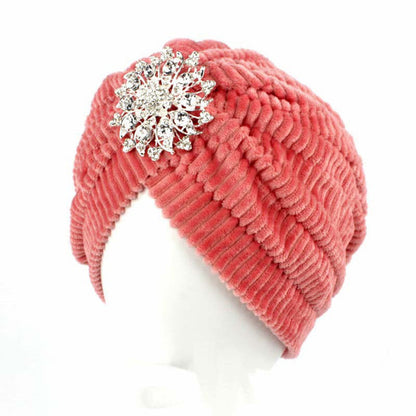 Women India Plush Cap Ladies Spring Warm Crystal Floral Brooch Muslim Turban Hat Beanies Solid Headwrap 2017 New Fashion FHJ610