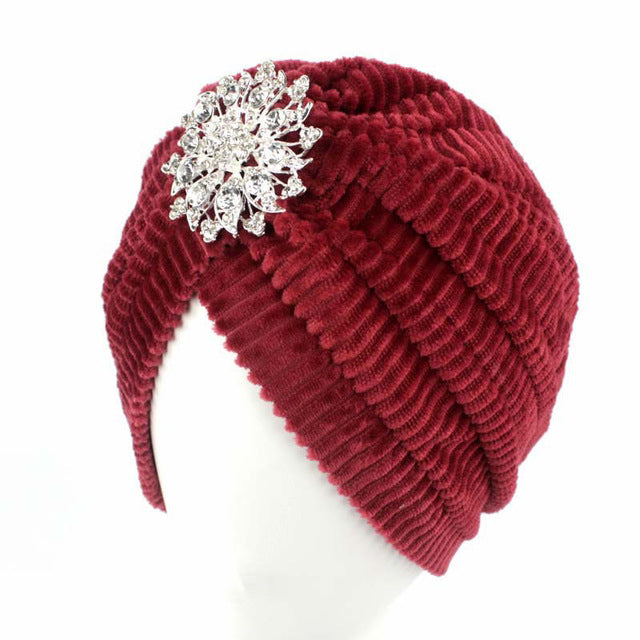 Women India Plush Cap Ladies Spring Warm Crystal Floral Brooch Muslim Turban Hat Beanies Solid Headwrap 2017 New Fashion FHJ610