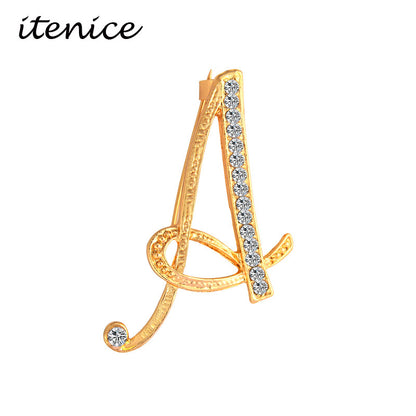 Itenice 2017 New Fashion Jewelry Classic 26 Letters Brooches Metal Gold Color Crystal Pins Clothing