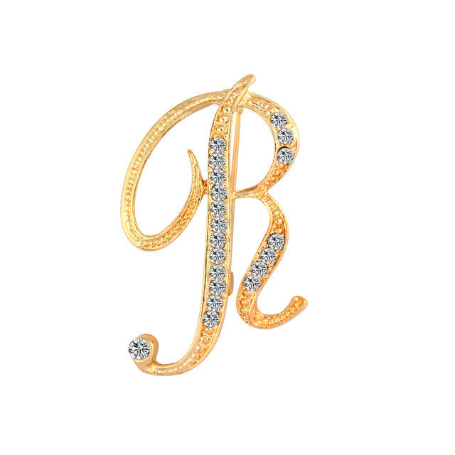 Itenice 2017 New Fashion Jewelry Classic 26 Letters Brooches Metal Gold Color Crystal Pins Clothing