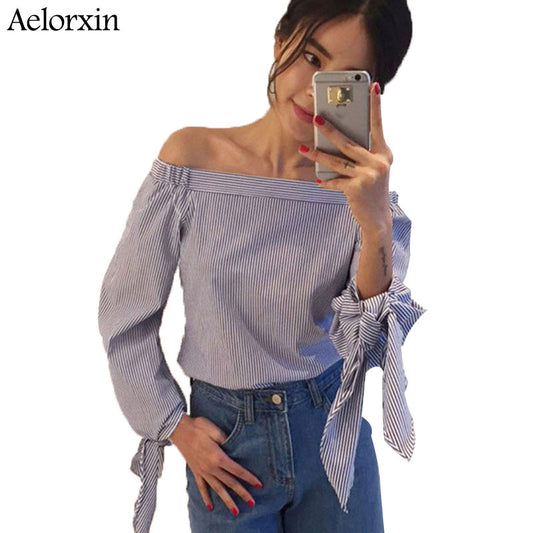 Women Blouse Elegant Bow Blue Off Shoulder Female Blouse Shirt Sexy Summer 2017