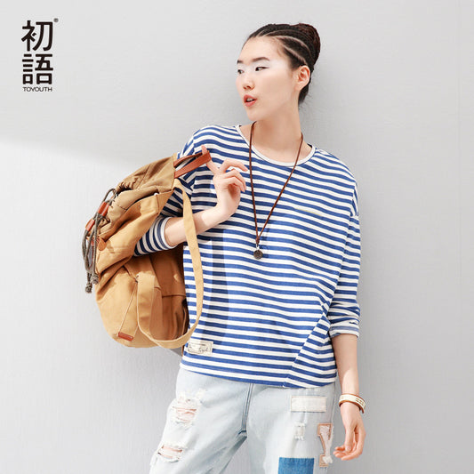 Toyouth Women T-Shirts Batwing Long Sleeve Striped Pattern O-neck Casual T shirt Female - Shopy Max