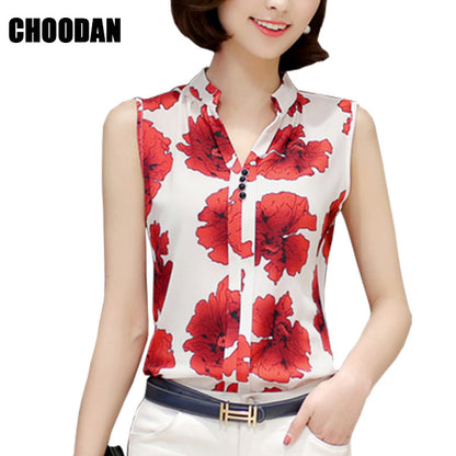 Women Blouses And Shirts 2017 Summer Elegant Sleeveless Flower/Butterfly/Plaid Print Shirt