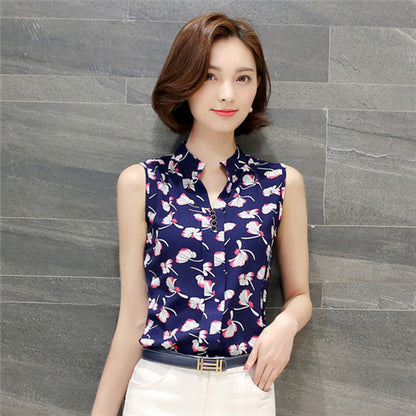 Women Blouses And Shirts 2017 Summer Elegant Sleeveless Flower/Butterfly/Plaid Print Shirt