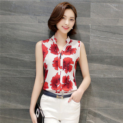 Women Blouses And Shirts 2017 Summer Elegant Sleeveless Flower/Butterfly/Plaid Print Shirt