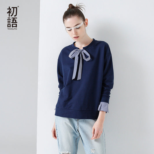 Toyouth T-Shirts 2017 Spring Women Stripe Patchwork Bowknot Vintage Casual Long Sleeve Fake - Shopy Max