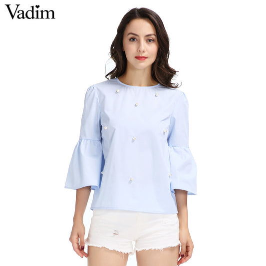 Women elegant pearls beading flare sleeve shirt O neck blouse three quarter sleeve summer brand