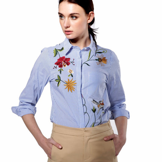 Women summer Embroidery Blouse cotton Shirt Sleeve Turn-down Collar White Blue Striped Tops