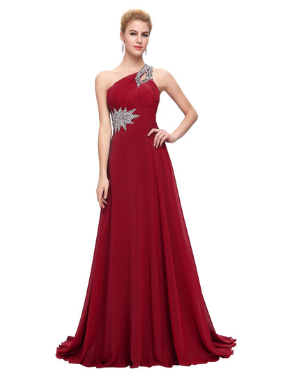 Real Photo One Shoulder Red Royal Blue Purple Chiffon Long Evening Dress Party - Shopy Max