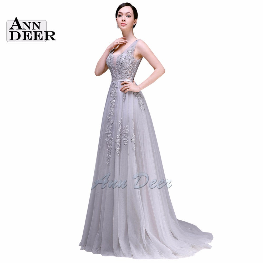 ANN DEER 2016 Hot Sale Sexy A-Line V-Neck Backless Tulle Long Evening Dress