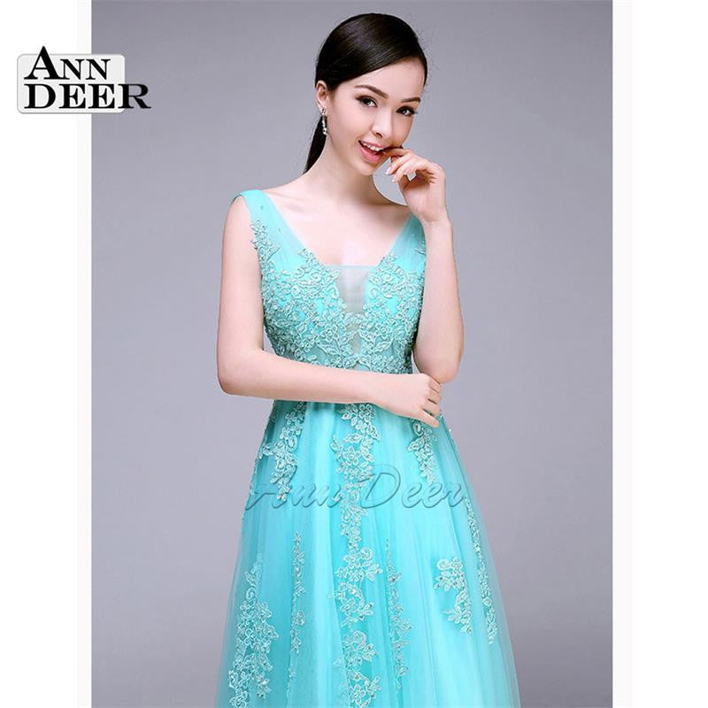 ANN DEER 2016 Hot Sale Sexy A-Line V-Neck Backless Tulle Long Evening Dress