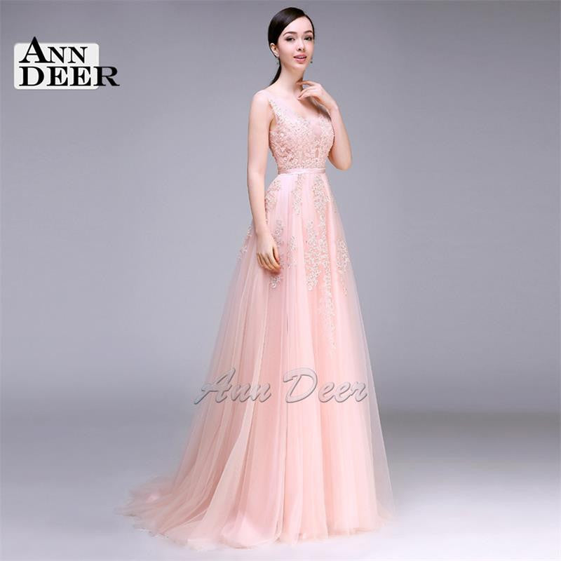 ANN DEER 2016 Hot Sale Sexy A-Line V-Neck Backless Tulle Long Evening Dress